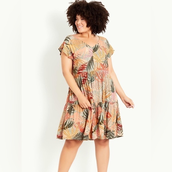 Evans Tropical Windown Tiers Flutter Sleeve Dress Size 22/24 - Picture 2 of 10